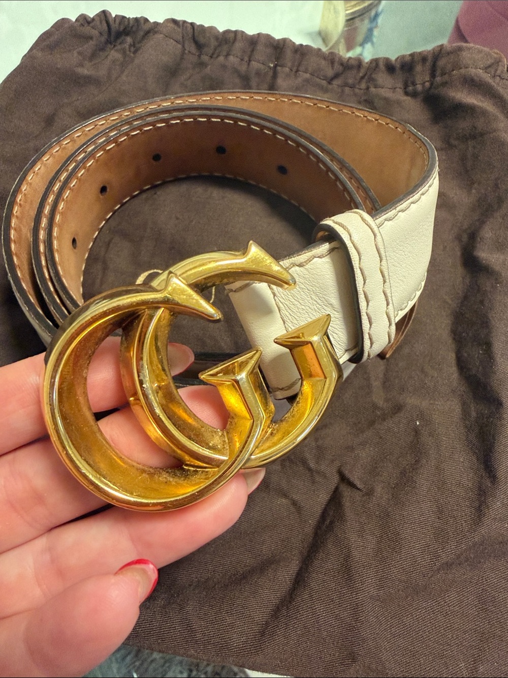 Gucci off White Leather Belt with Gold Double-G Buckle Authentic